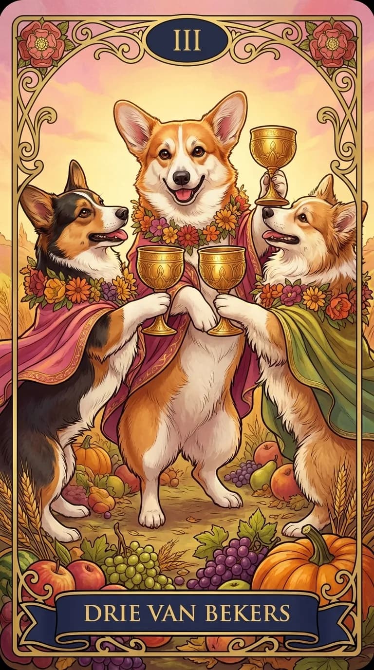 Tarotkaart Drie van Bekers uit een gepersonaliseerd voorbeelddeck