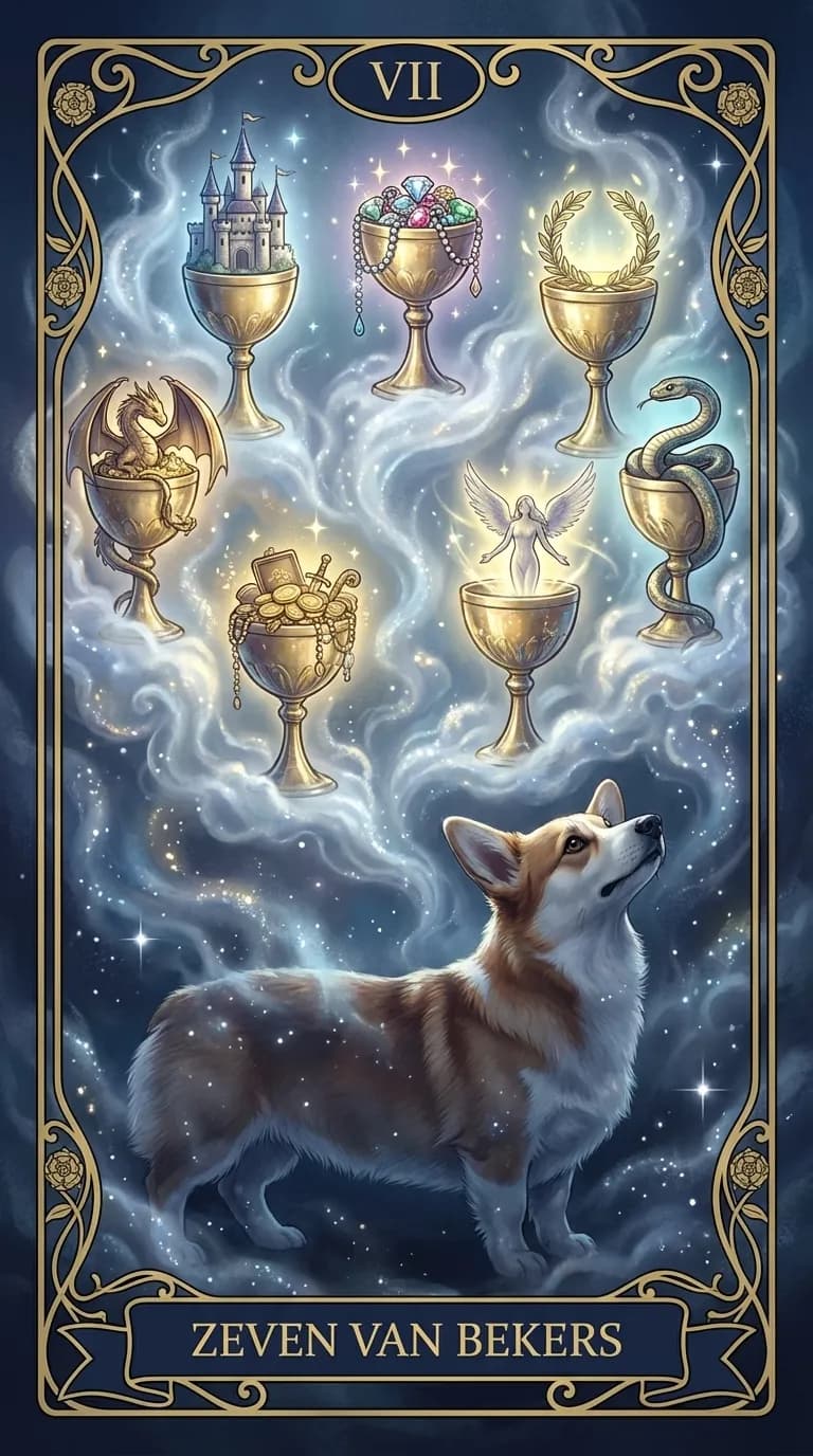 Tarotkaart Zeven van Bekers uit een gepersonaliseerd voorbeelddeck