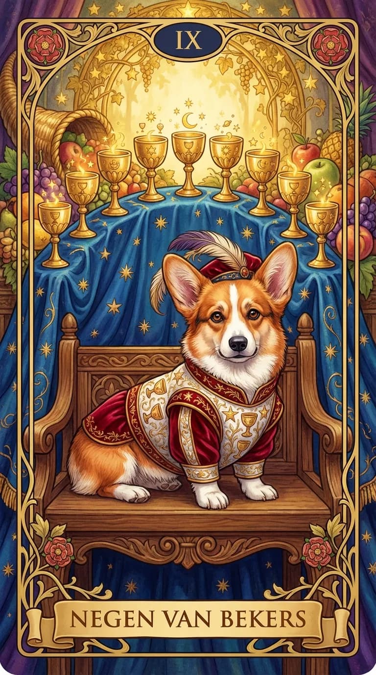 Tarotkaart Negen van Bekers uit een gepersonaliseerd voorbeelddeck
