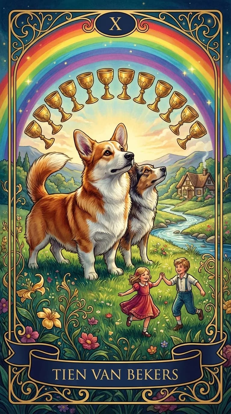 Tarotkaart Tien van Bekers uit een gepersonaliseerd voorbeelddeck