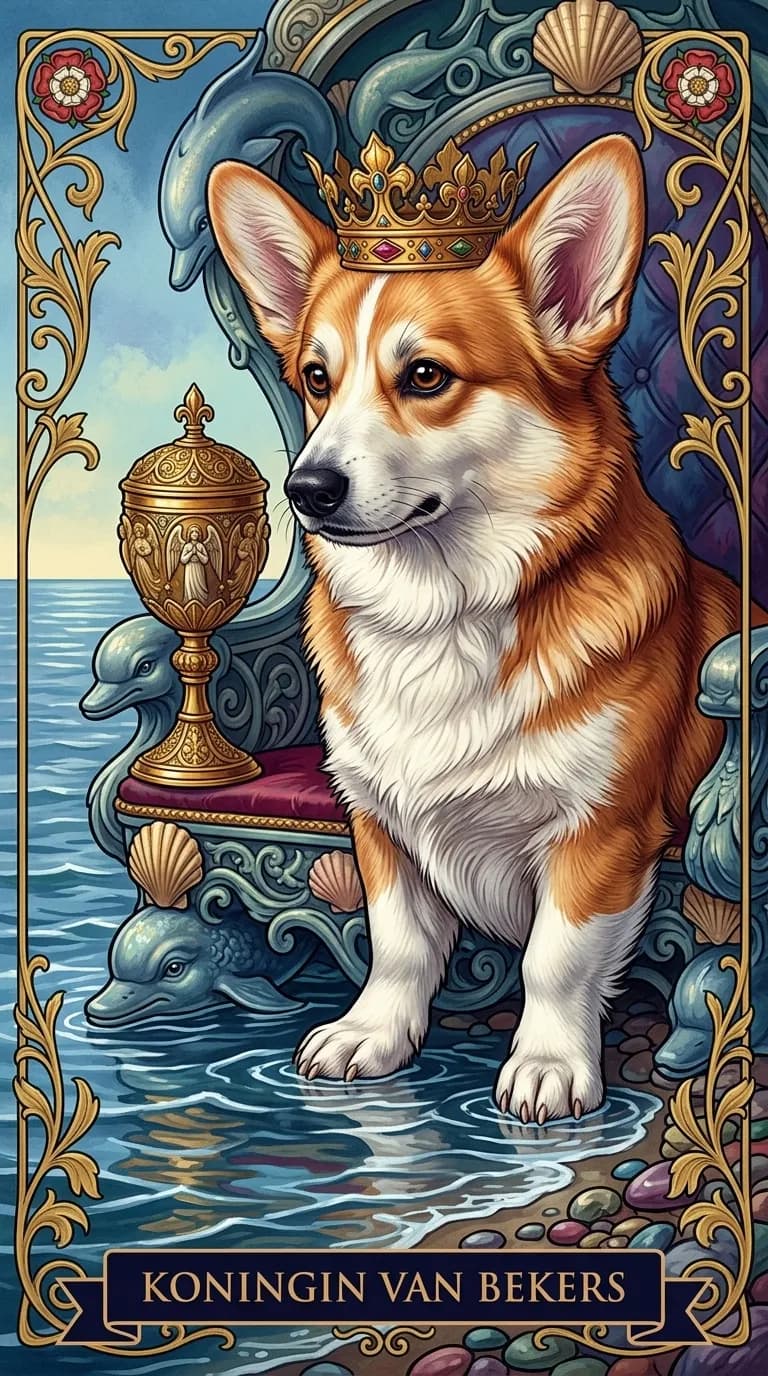 Tarotkaart Koningin van Bekers uit een gepersonaliseerd voorbeelddeck