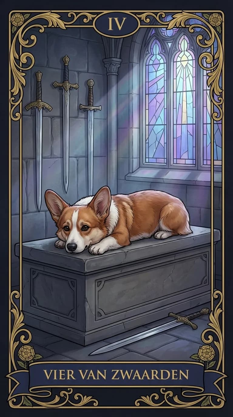 Tarotkaart Vier van Zwaarden uit een gepersonaliseerd voorbeelddeck