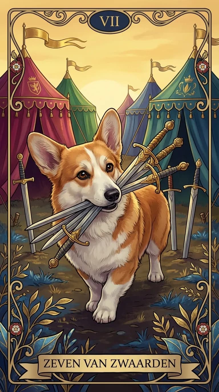 Tarotkaart Zeven van Zwaarden uit een gepersonaliseerd voorbeelddeck