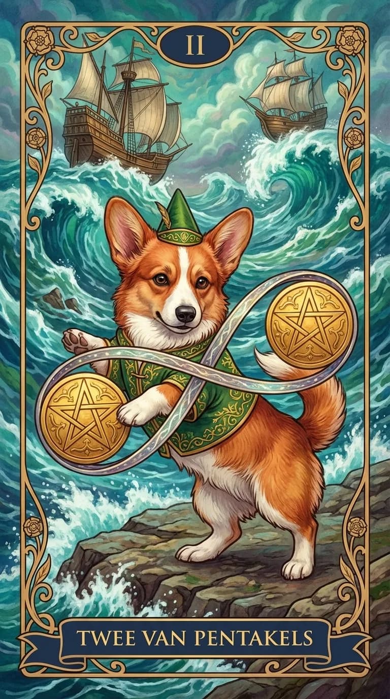 Tarotkaart Twee van Pentakels uit een gepersonaliseerd voorbeelddeck