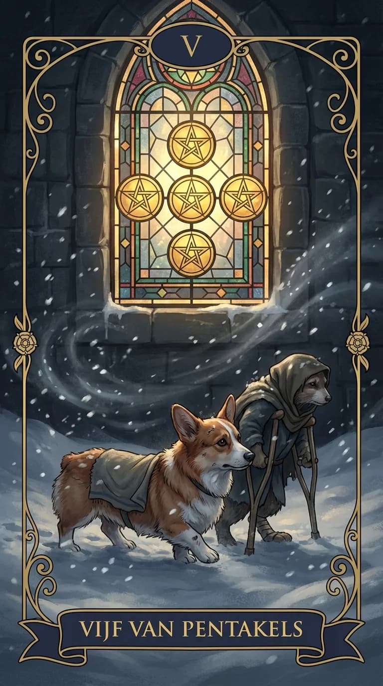 Tarotkaart Vijf van Pentakels uit een gepersonaliseerd voorbeelddeck