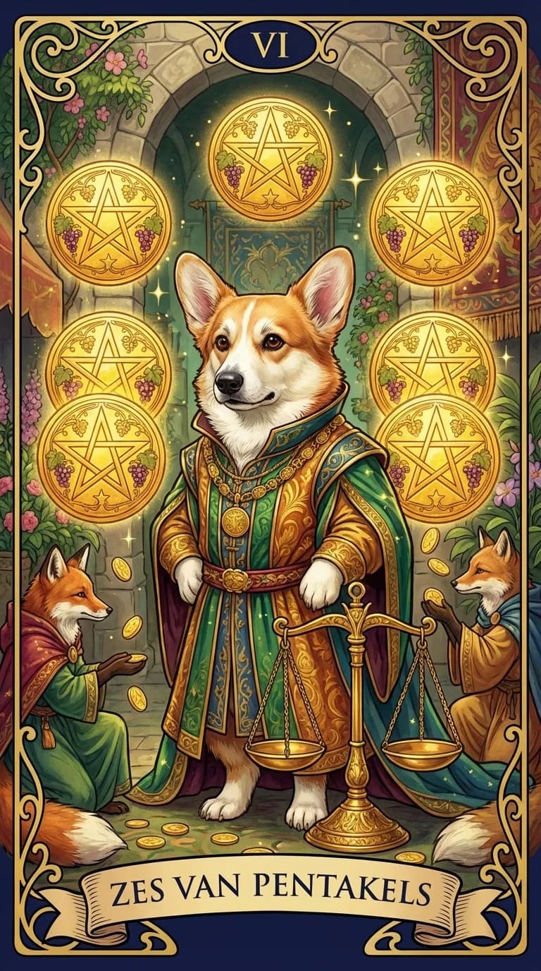 Tarotkaart Zes van Pentakels uit een gepersonaliseerd voorbeelddeck