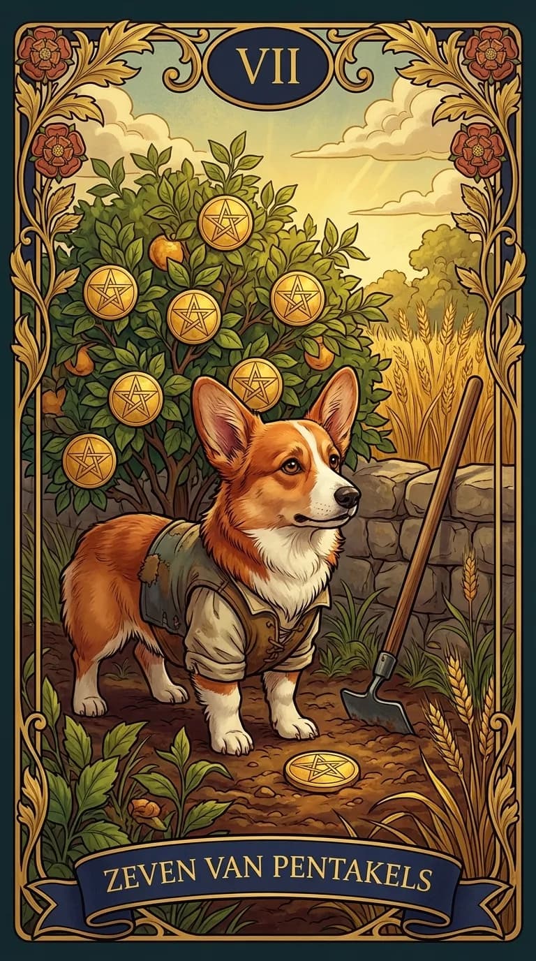 Tarotkaart Zeven van Pentakels uit een gepersonaliseerd voorbeelddeck