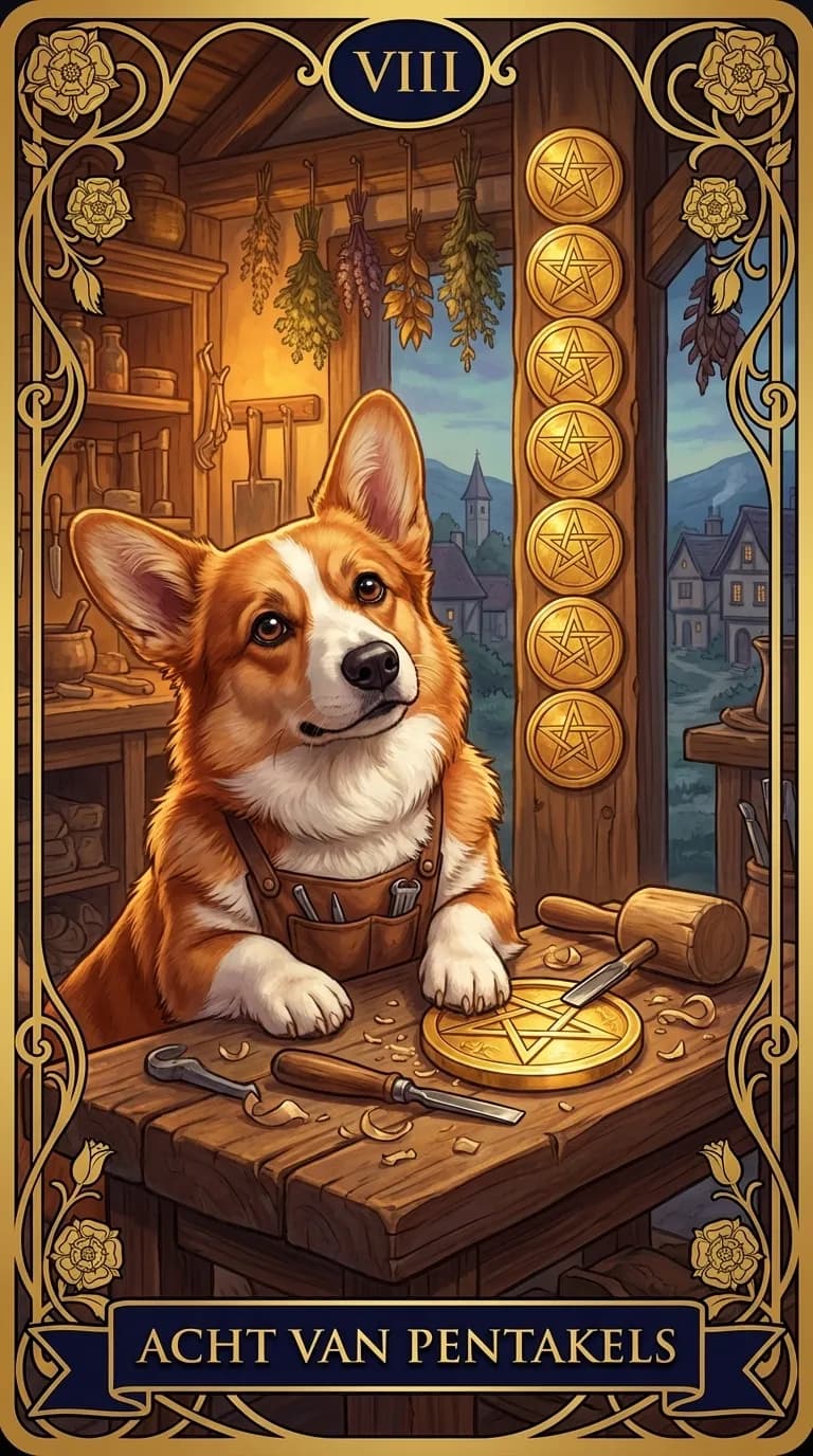 Tarotkaart Acht van Pentakels uit een gepersonaliseerd voorbeelddeck