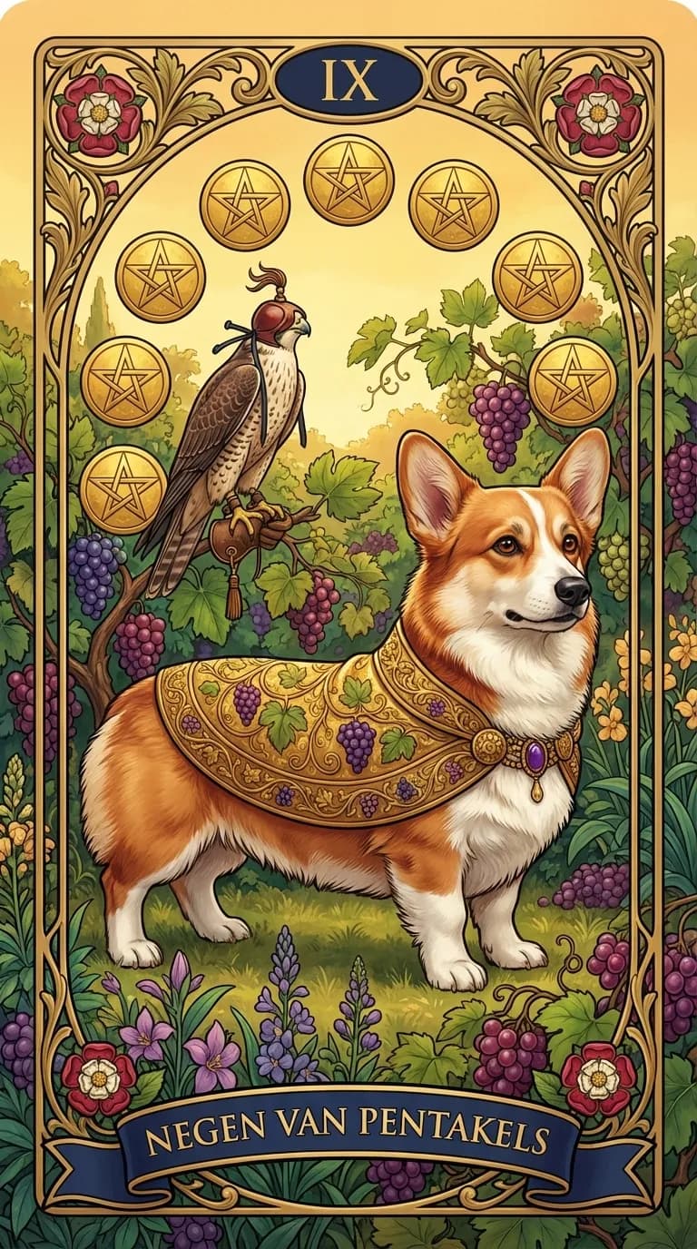 Tarotkaart Negen van Pentakels uit een gepersonaliseerd voorbeelddeck