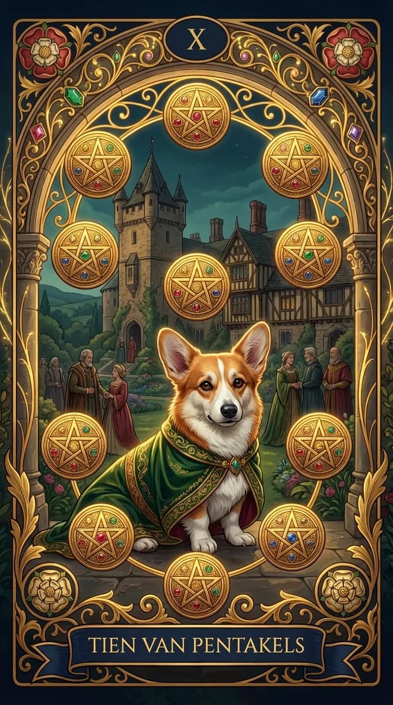 Tarotkaart Tien van Pentakels uit een gepersonaliseerd voorbeelddeck