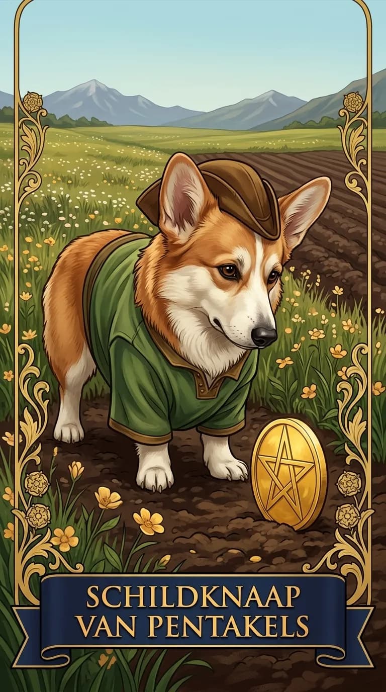 Tarotkaart Schildknaap van Pentakels uit een gepersonaliseerd voorbeelddeck
