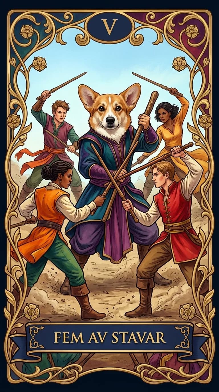 Tarotkortet Fem av Stavar från en personlig exempelkortlek