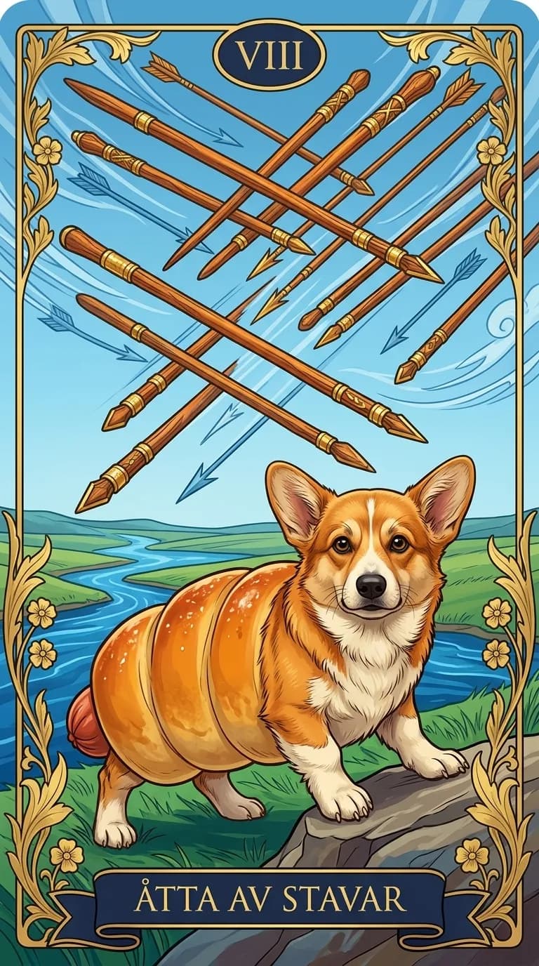 Tarotkortet Åtta av Stavar från en personlig exempelkortlek