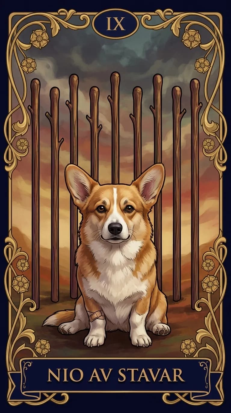 Tarotkortet Nio av Stavar från en personlig exempelkortlek