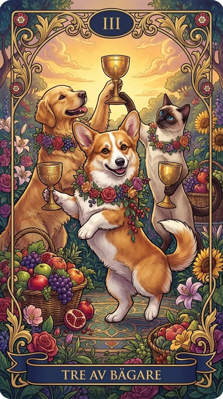 Tarotkortet Tre av Bägare från en personlig exempelkortlek
