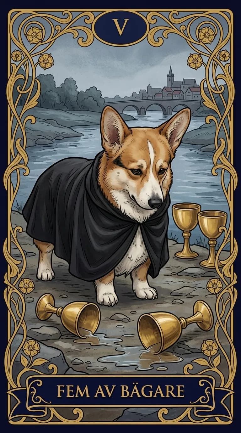Tarotkortet Fem av Bägare från en personlig exempelkortlek