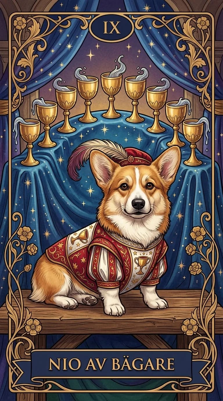 Tarotkortet Nio av Bägare från en personlig exempelkortlek