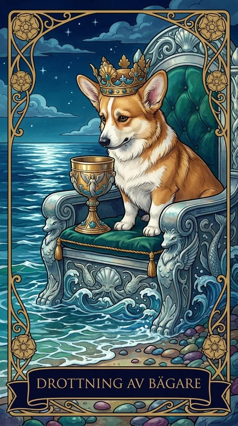 Tarotkortet Drottning av Bägare från en personlig exempelkortlek