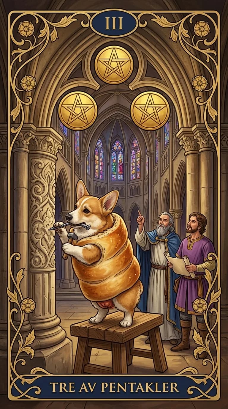 Tarotkortet Tre av Pentakler från en personlig exempelkortlek