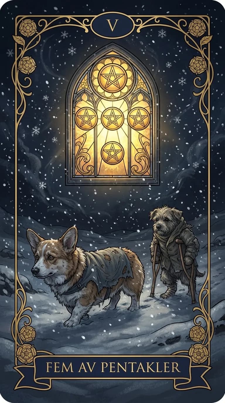 Tarotkortet Fem av Pentakler från en personlig exempelkortlek