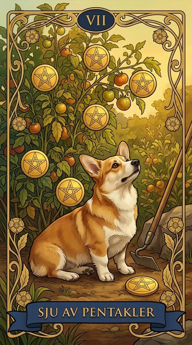 Tarotkortet Sju av Pentakler från en personlig exempelkortlek