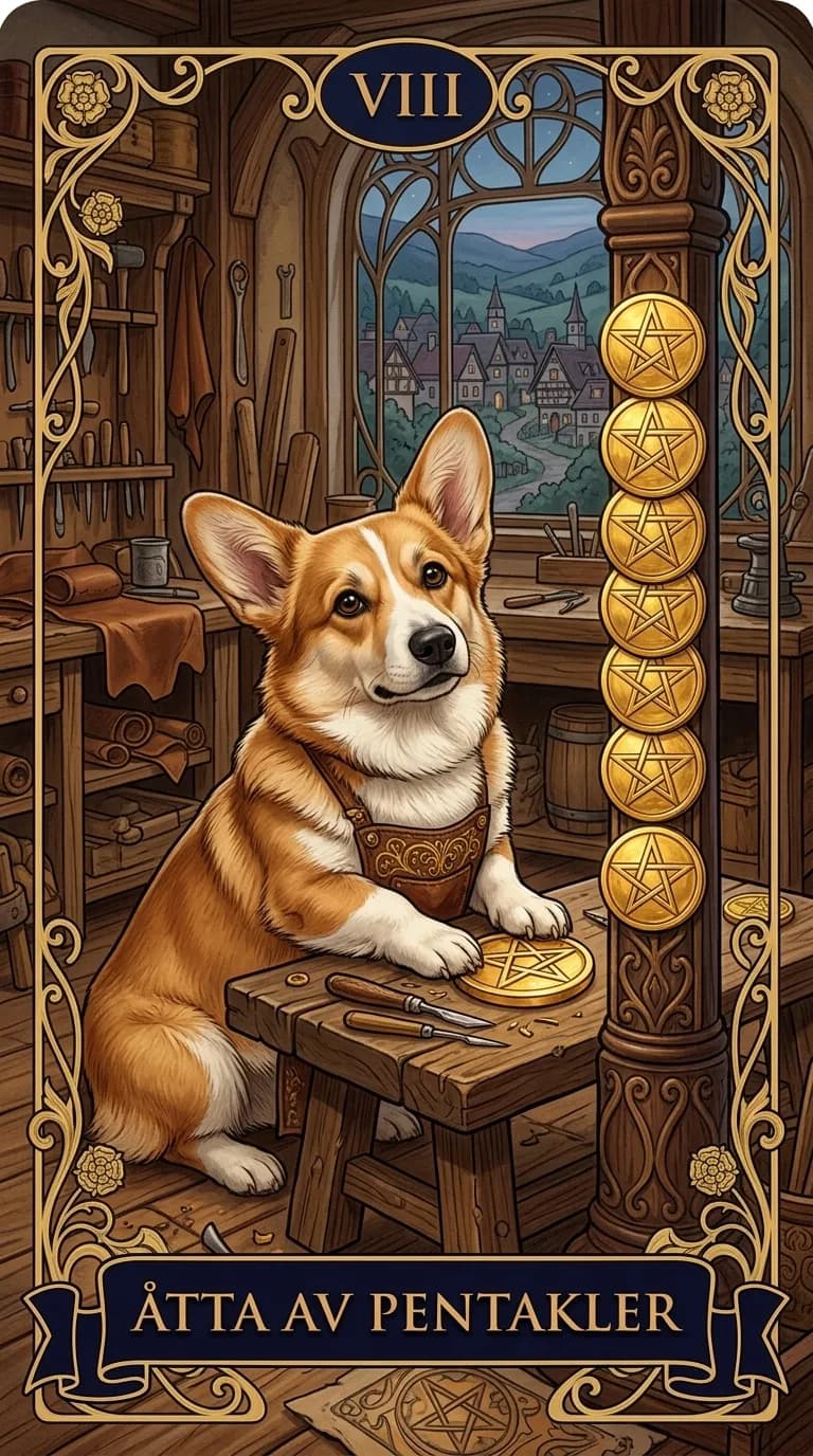 Tarotkortet Åtta av Pentakler från en personlig exempelkortlek