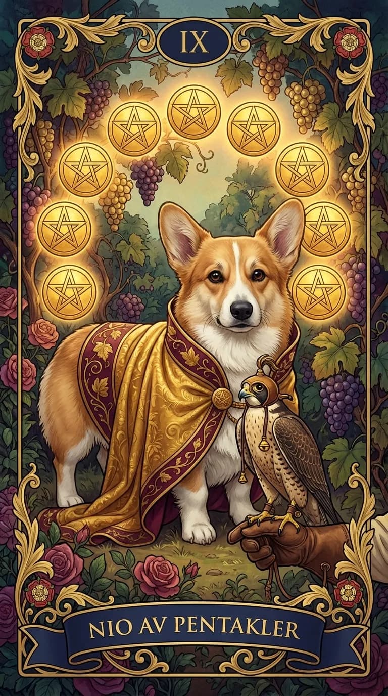 Tarotkortet Nio av Pentakler från en personlig exempelkortlek