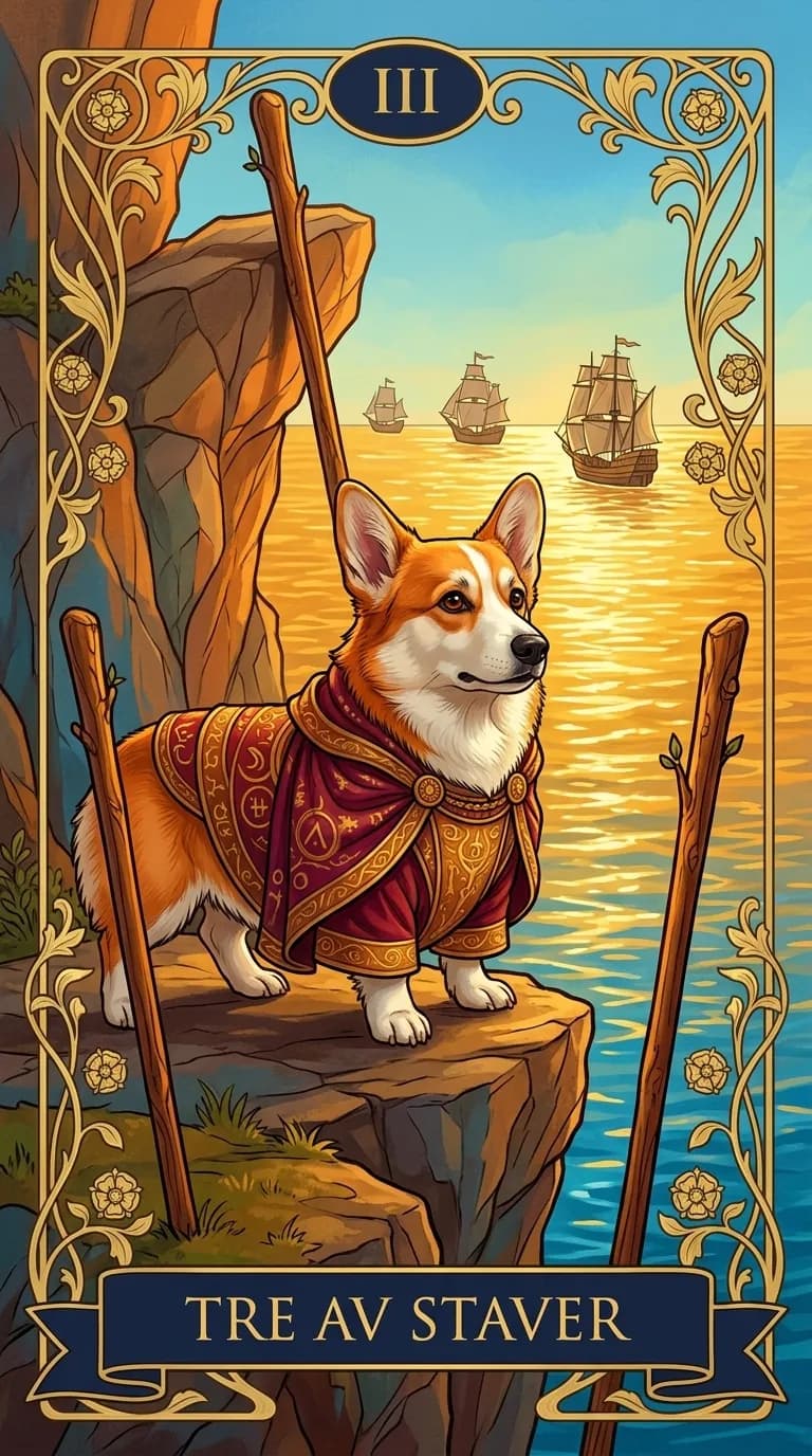 Tarotkortet Tre av Staver fra en personlig eksempelkortstokk