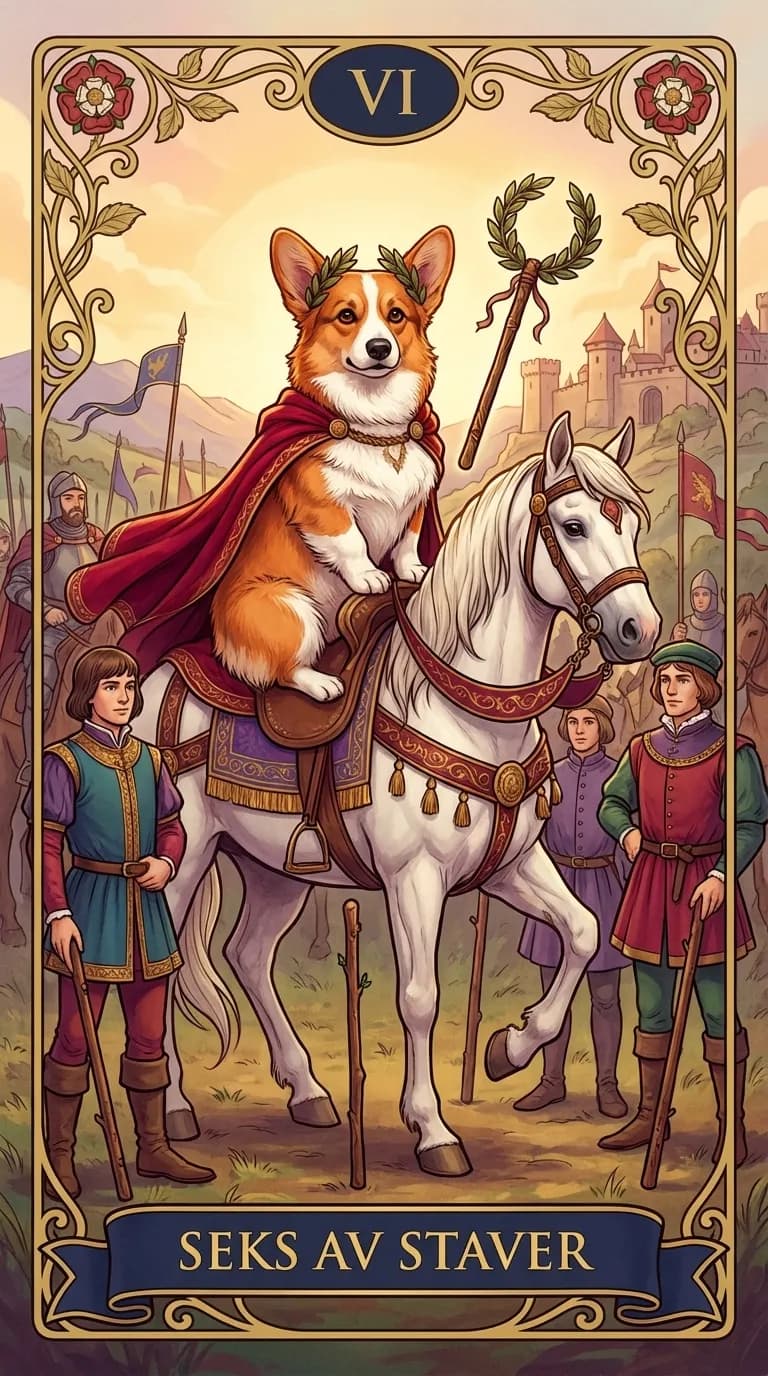 Tarotkortet Seks av Staver fra en personlig eksempelkortstokk