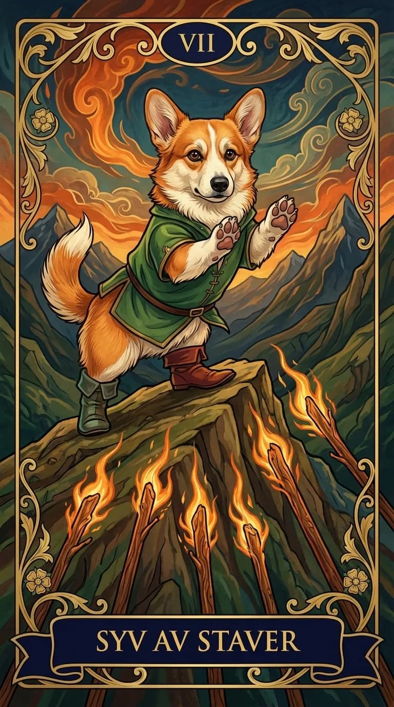 Tarotkortet Syv av Staver fra en personlig eksempelkortstokk