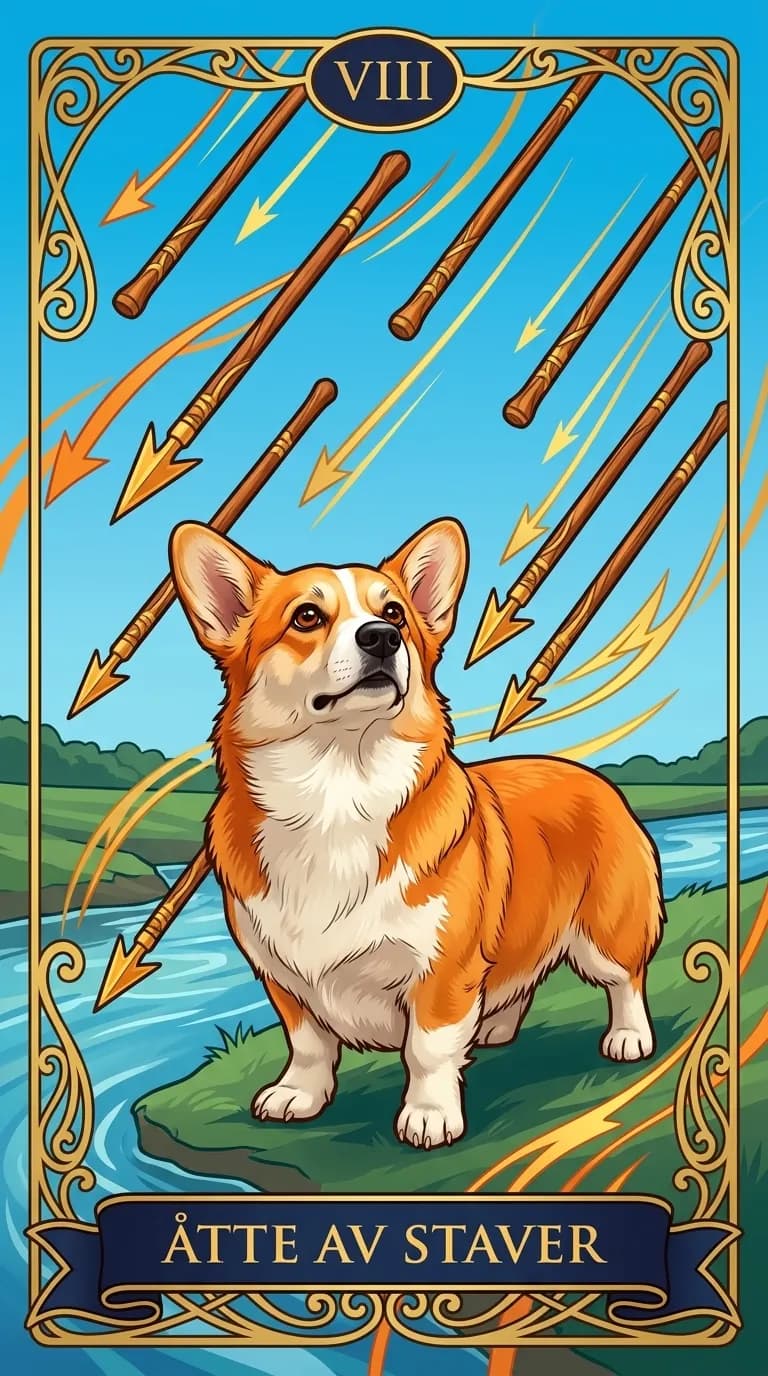 Tarotkortet Åtte av Staver fra en personlig eksempelkortstokk