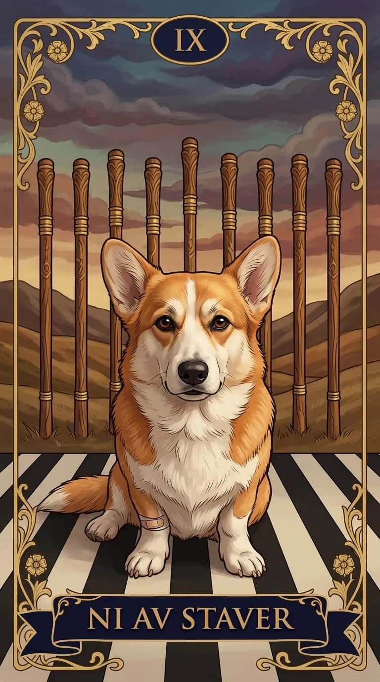 Tarotkortet Ni av Staver fra en personlig eksempelkortstokk