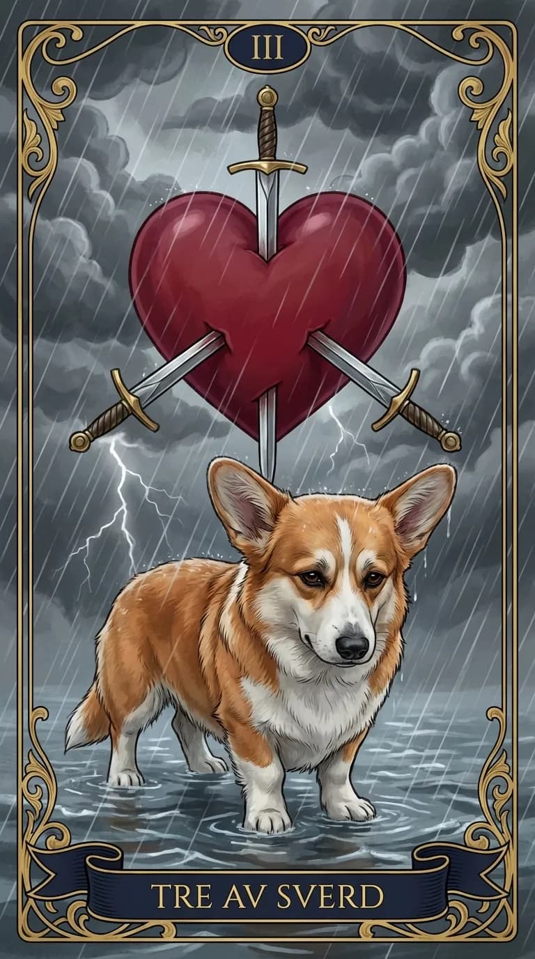 Tarotkortet Tre av Sverd fra en personlig eksempelkortstokk