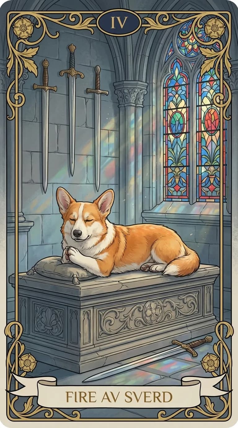 Tarotkortet Fire av Sverd fra en personlig eksempelkortstokk