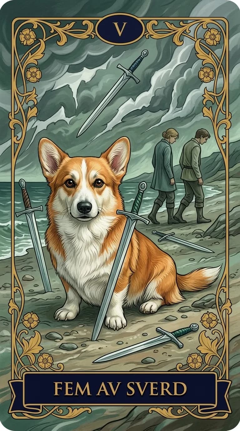 Tarotkortet Fem av Sverd fra en personlig eksempelkortstokk