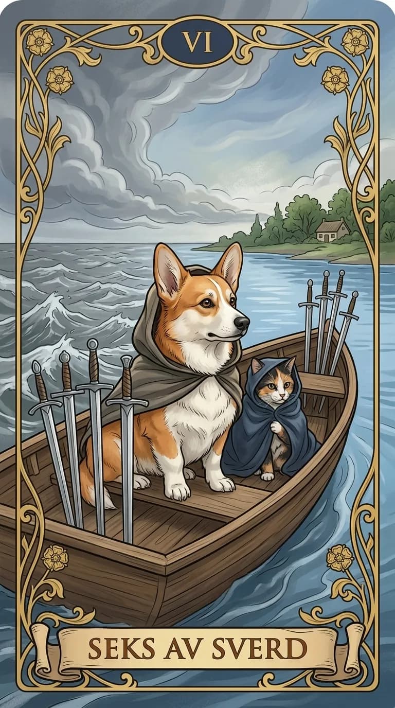 Tarotkortet Seks av Sverd fra en personlig eksempelkortstokk
