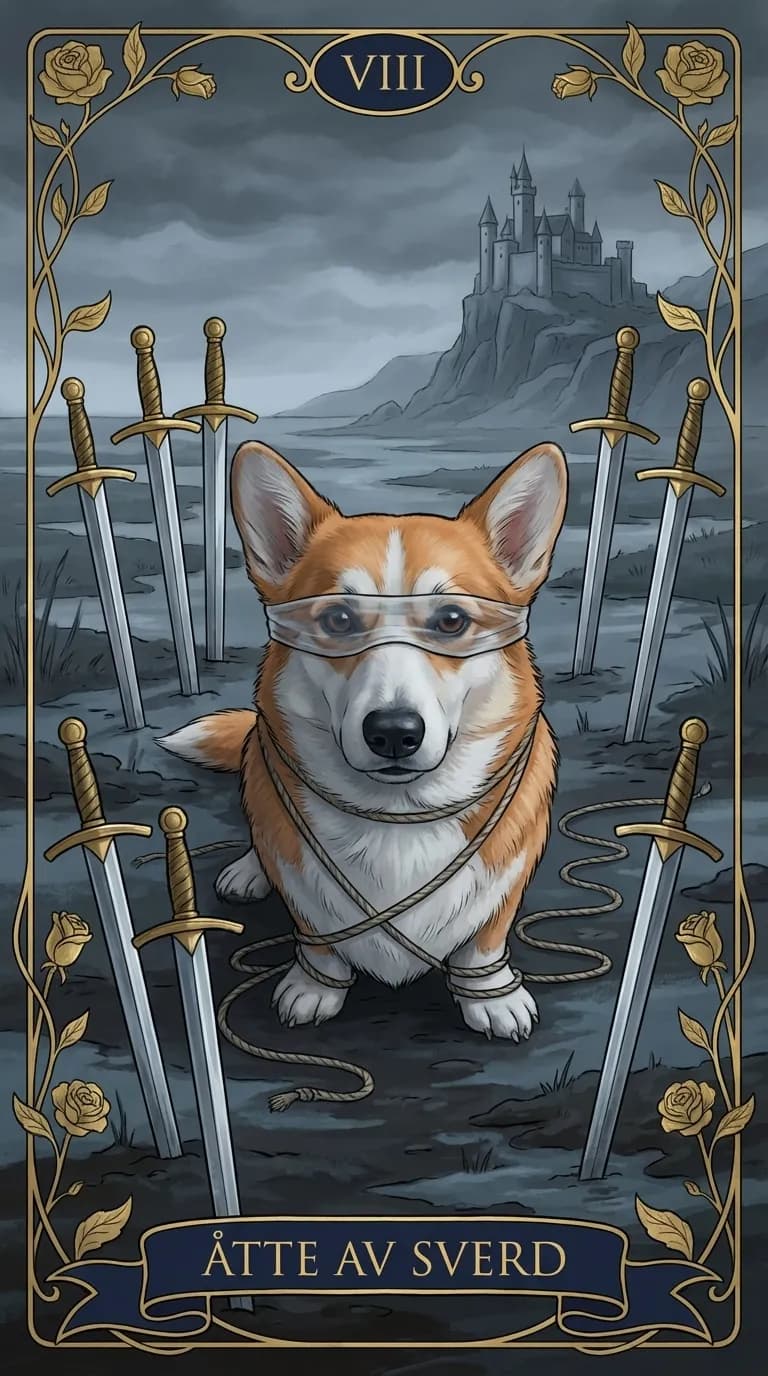 Tarotkortet Åtte av Sverd fra en personlig eksempelkortstokk