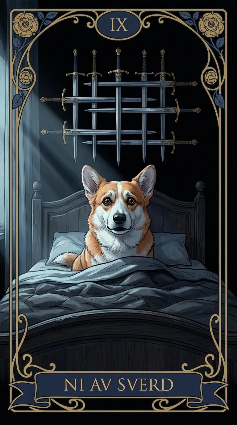 Tarotkortet Ni av Sverd fra en personlig eksempelkortstokk