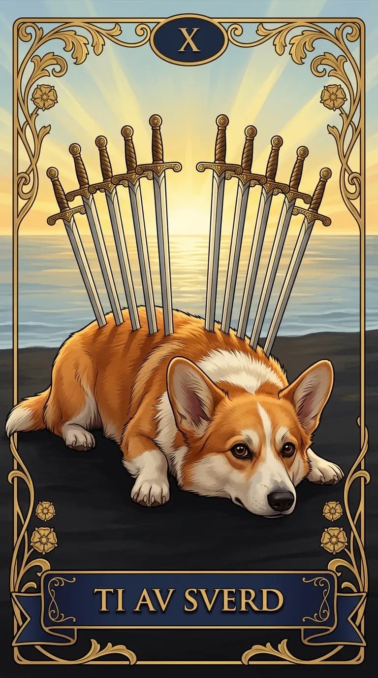 Tarotkortet Ti av Sverd fra en personlig eksempelkortstokk