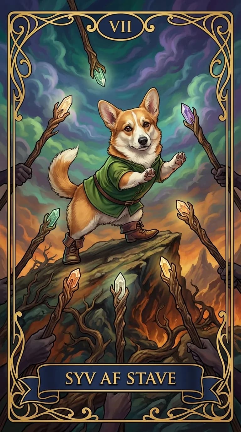 Tarotkortet Syv af Stave fra et personligt eksempelkortsæt
