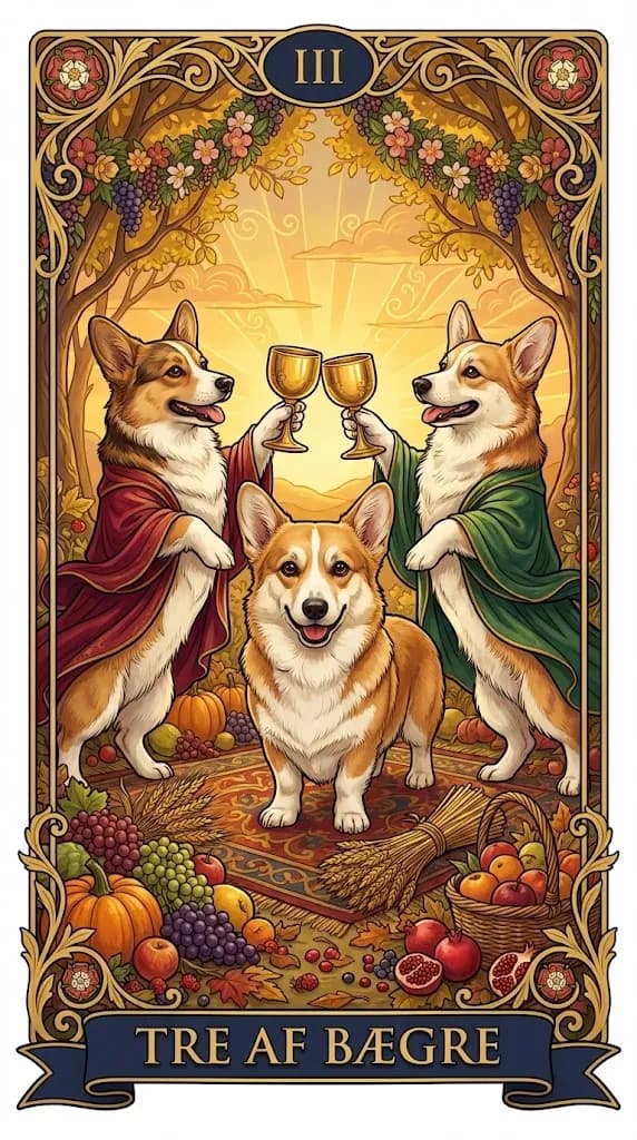 Tarotkortet Tre af Bægre fra et personligt eksempelkortsæt