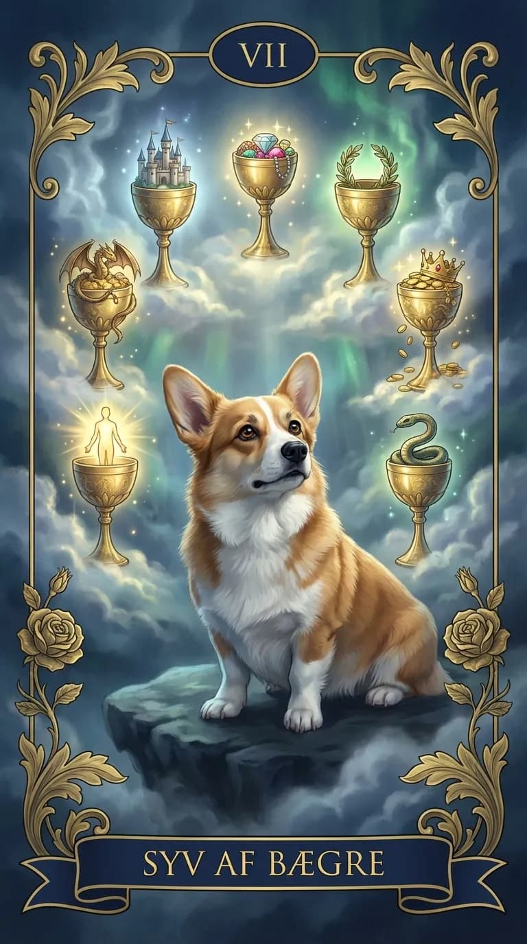 Tarotkortet Syv af Bægre fra et personligt eksempelkortsæt