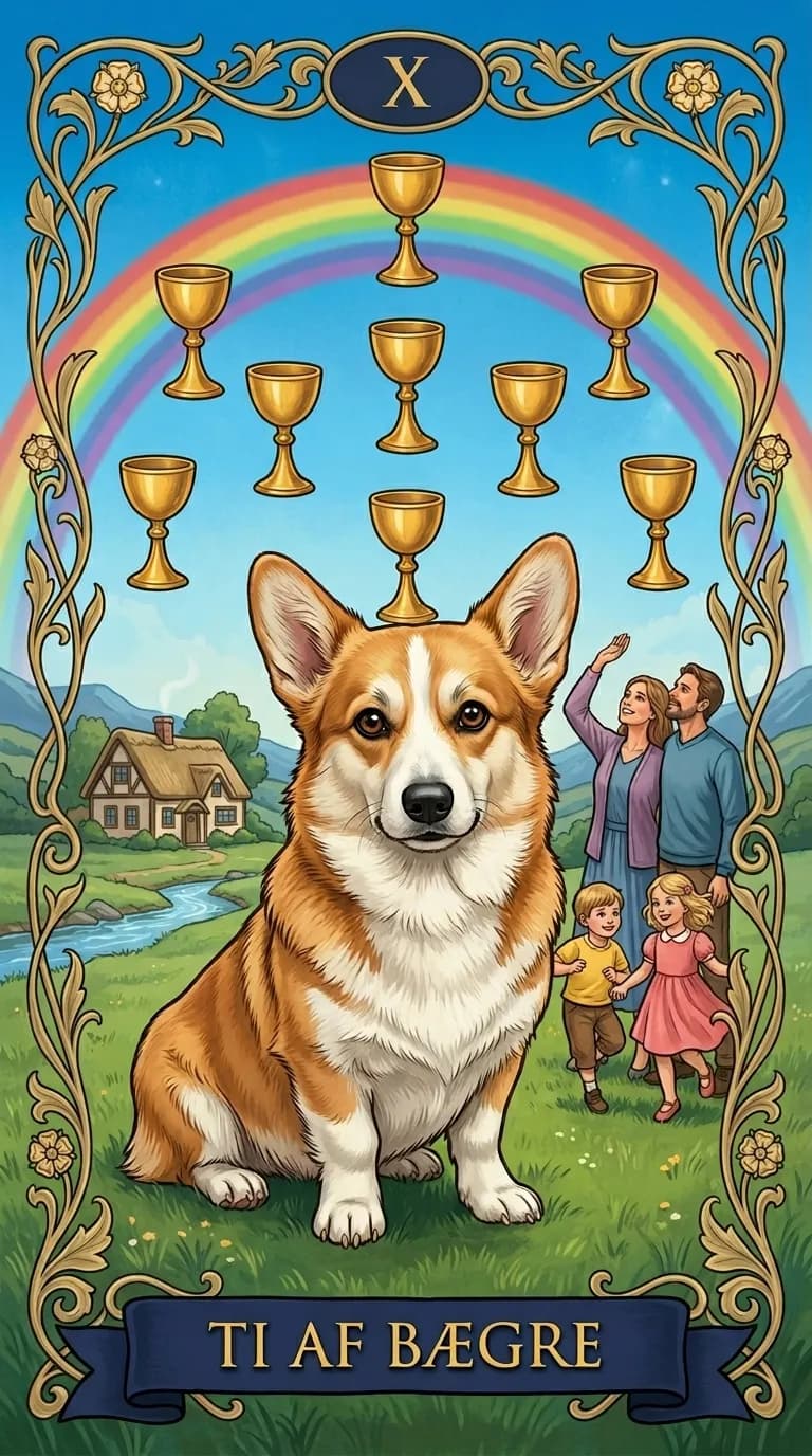 Tarotkortet Ti af Bægre fra et personligt eksempelkortsæt
