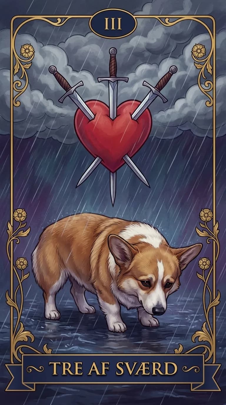 Tarotkortet Tre af Sværd fra et personligt eksempelkortsæt
