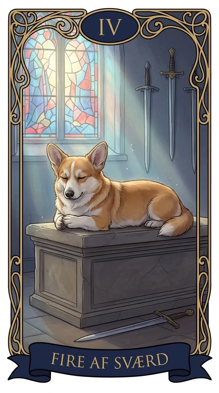 Tarotkortet Fire af Sværd fra et personligt eksempelkortsæt