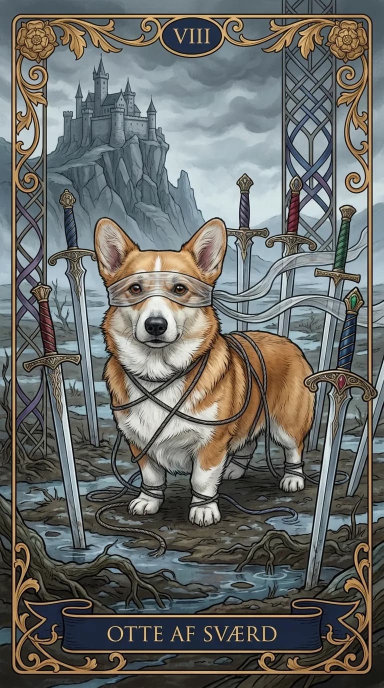 Tarotkortet Otte af Sværd fra et personligt eksempelkortsæt