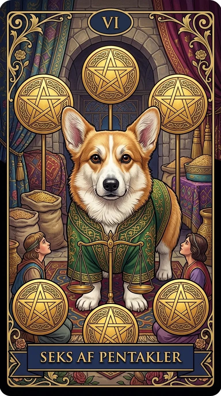 Tarotkortet Seks af Pentakler fra et personligt eksempelkortsæt