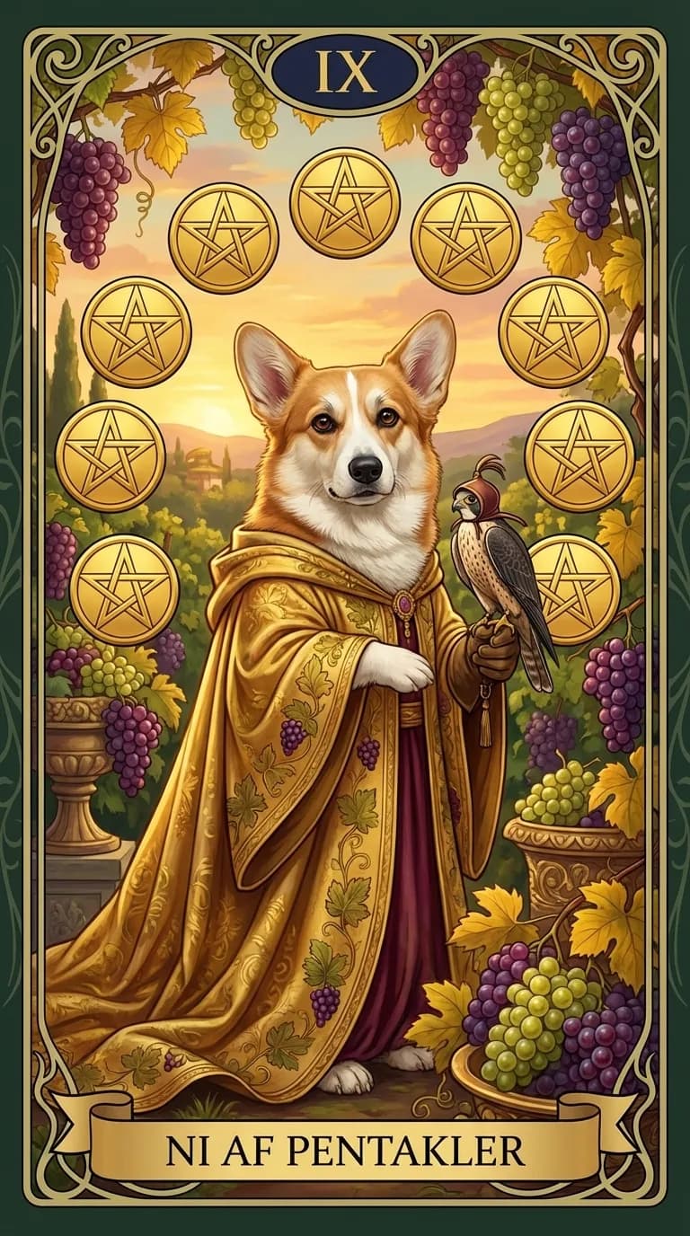 Tarotkortet Ni af Pentakler fra et personligt eksempelkortsæt