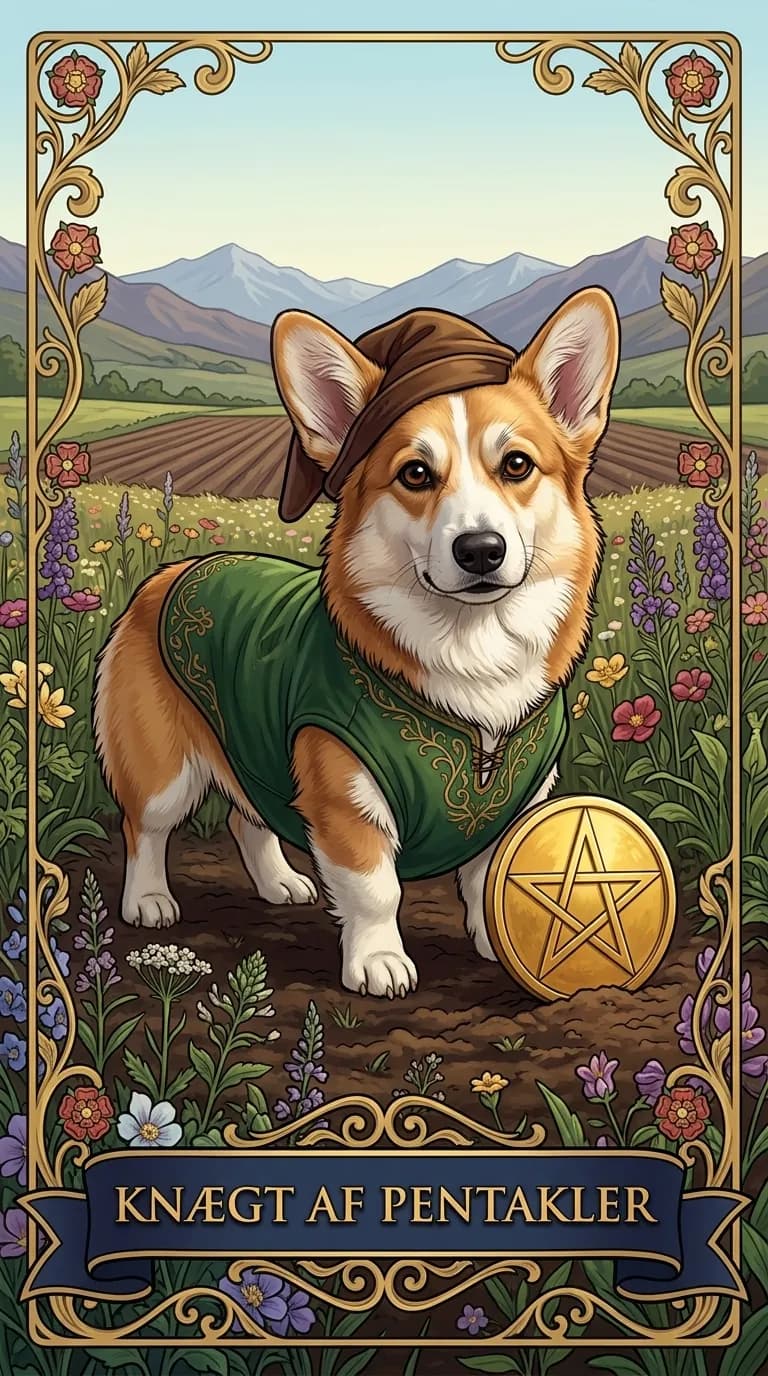 Tarotkortet Knægt af Pentakler fra et personligt eksempelkortsæt
