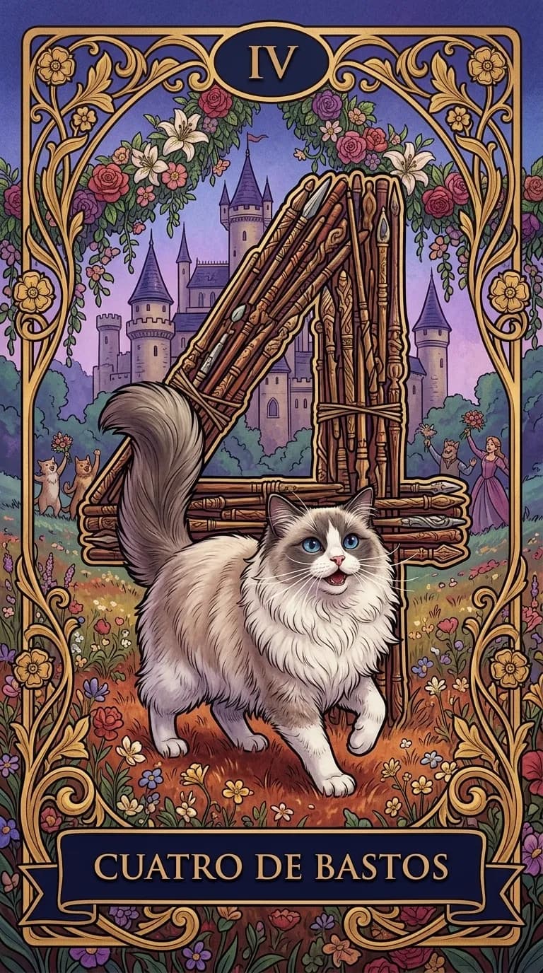 Carta de tarot Cuatro de Bastos de una baraja de muestra personalizada